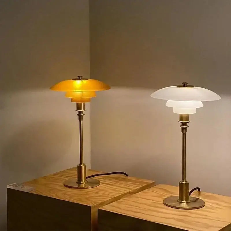 Modern amber glass desk lamp for living room with golden brass finish