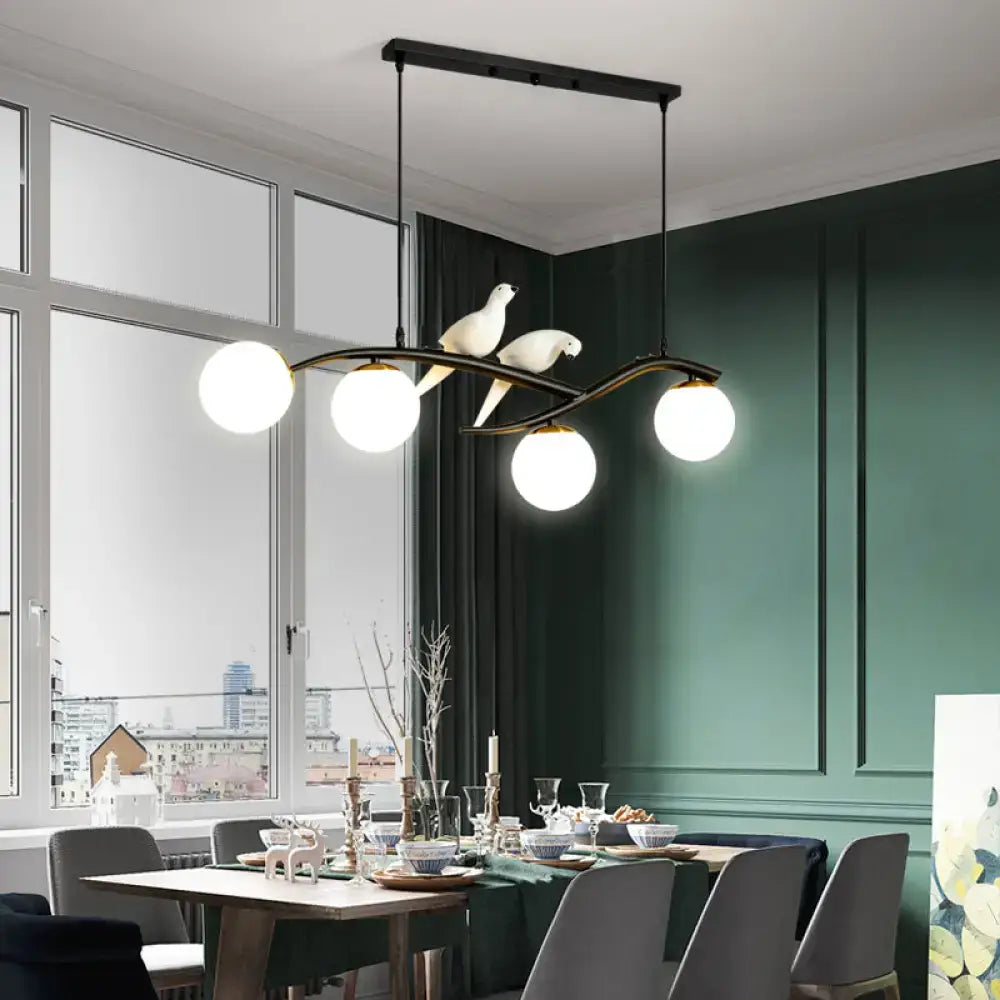 DecorBites™ Contemporary White Glass Island Light Pendant with Birds - 4-Head Dining Room Fixture - Adjustable Cord