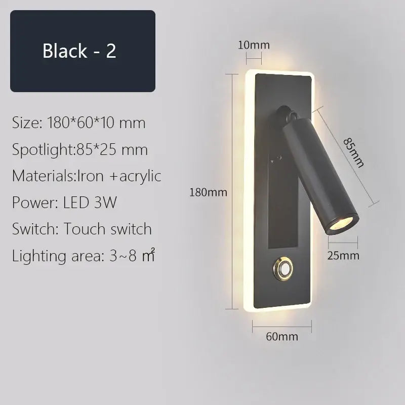 Modern black & gold dimmable led wall sconce bedroom reading light