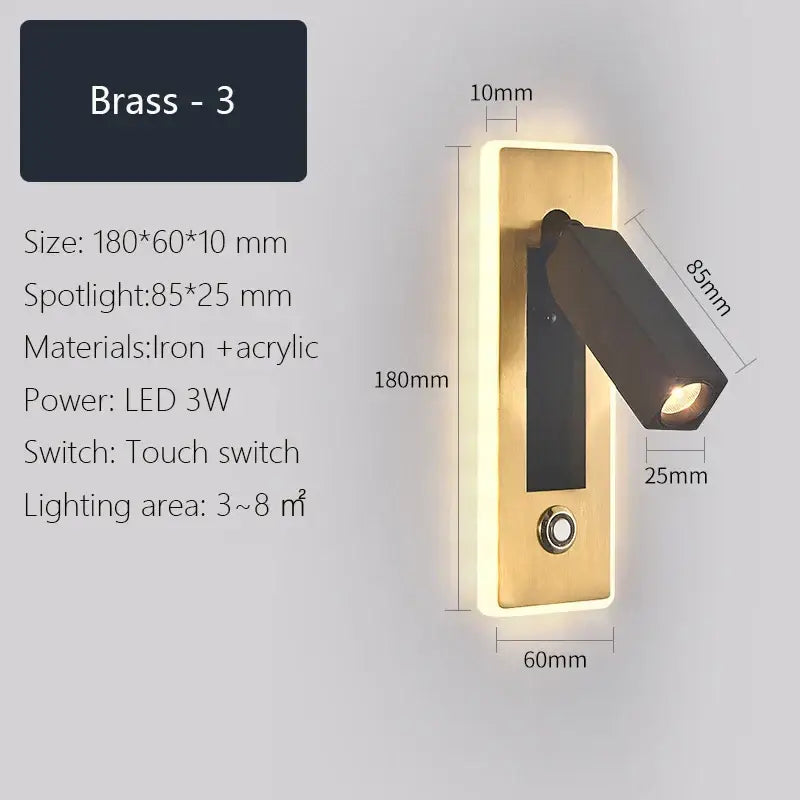 Modern black & gold dimmable led wall sconce bedroom reading light