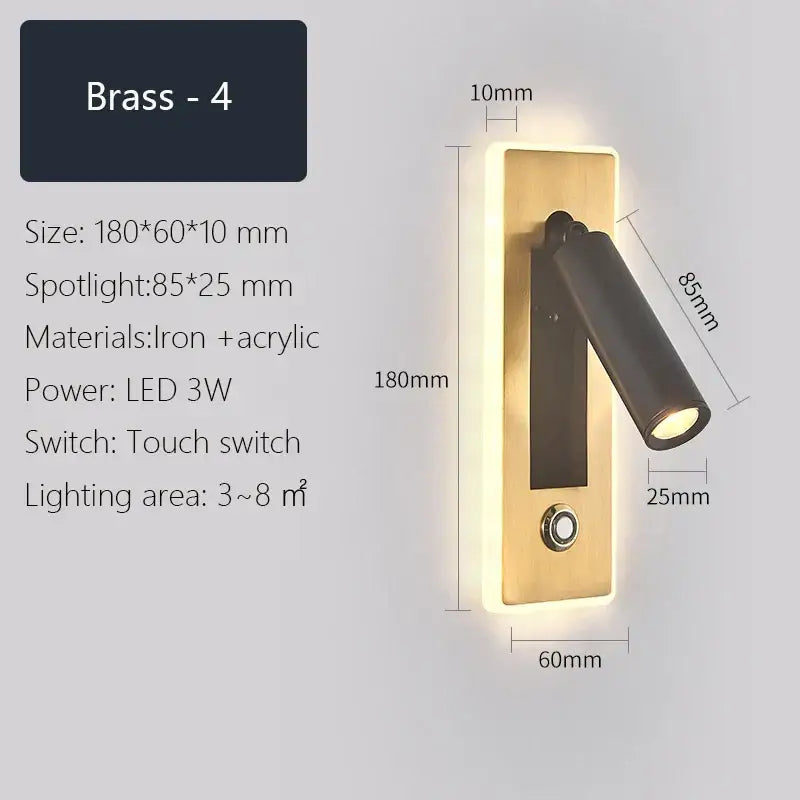 Modern black & gold dimmable led wall sconce bedroom reading light