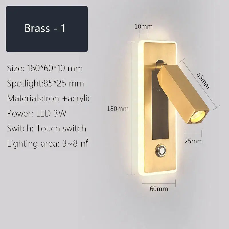 Modern black & gold dimmable led wall sconce bedroom reading light