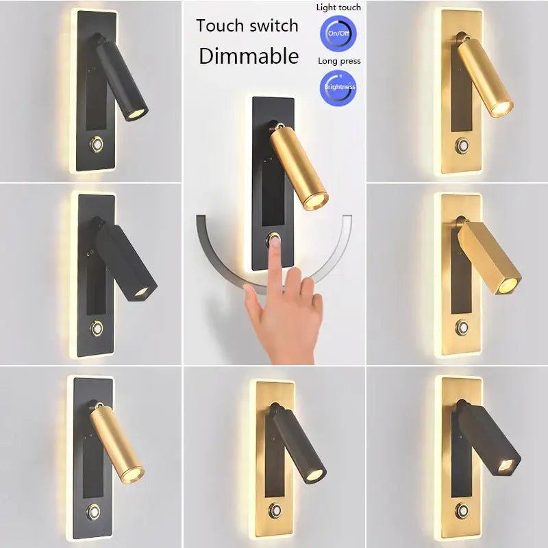 Modern black & gold dimmable led wall sconce bedroom reading light