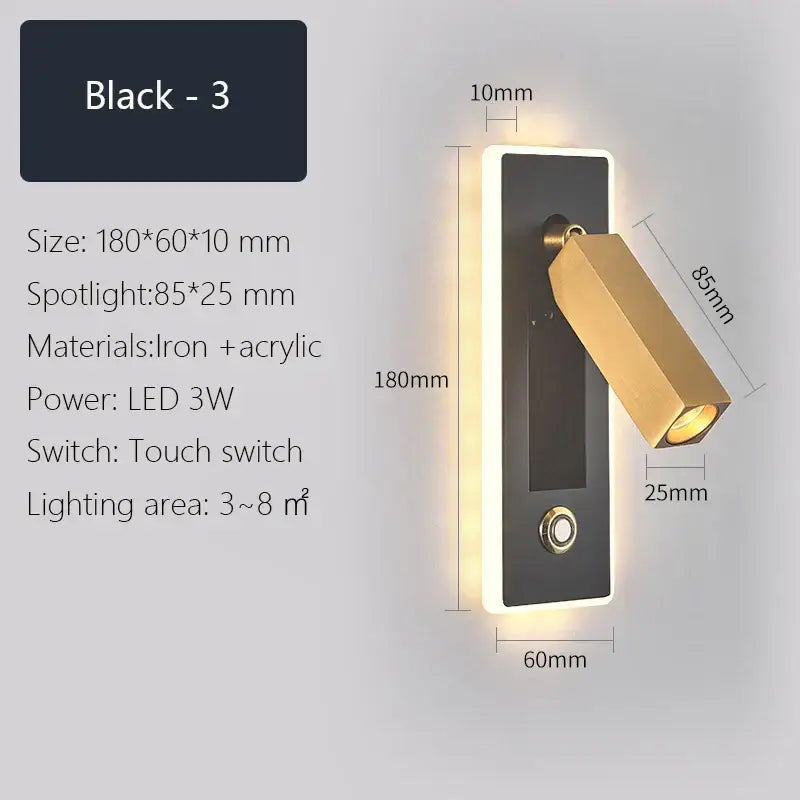 Modern black & gold dimmable led wall sconce bedroom reading light