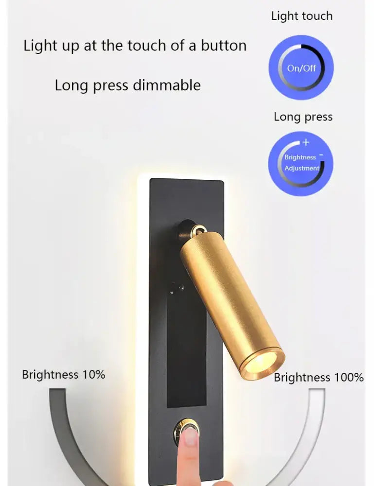 Modern black & gold dimmable led wall sconce bedroom reading light