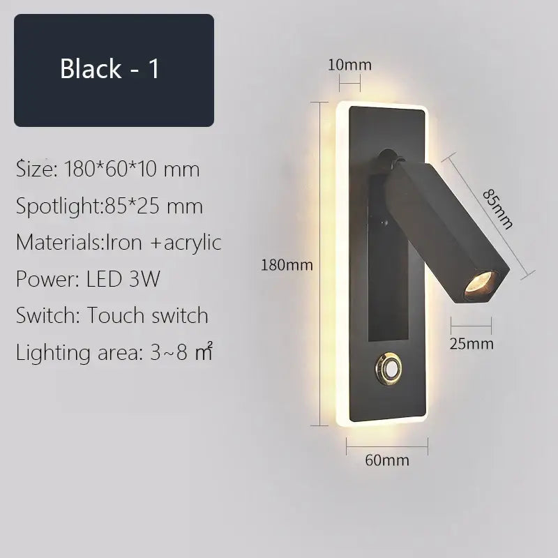 Modern black & gold dimmable led wall sconce bedroom reading light