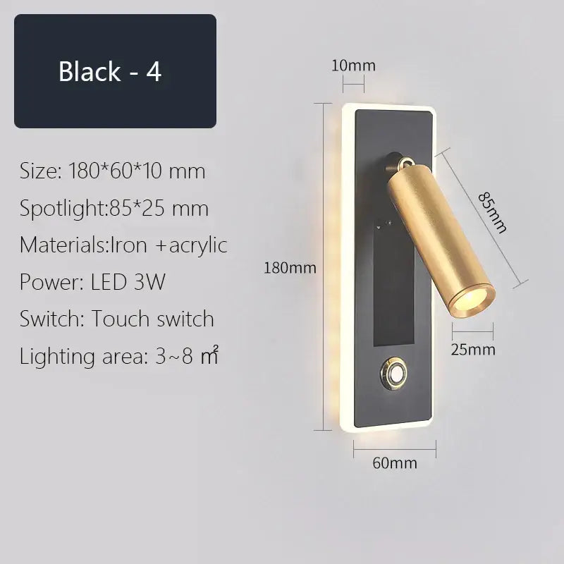 Modern black & gold dimmable led wall sconce bedroom reading light