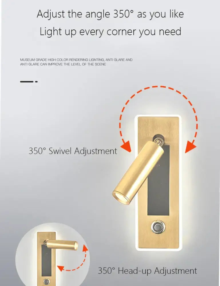 Modern black & gold dimmable led wall sconce bedroom reading light