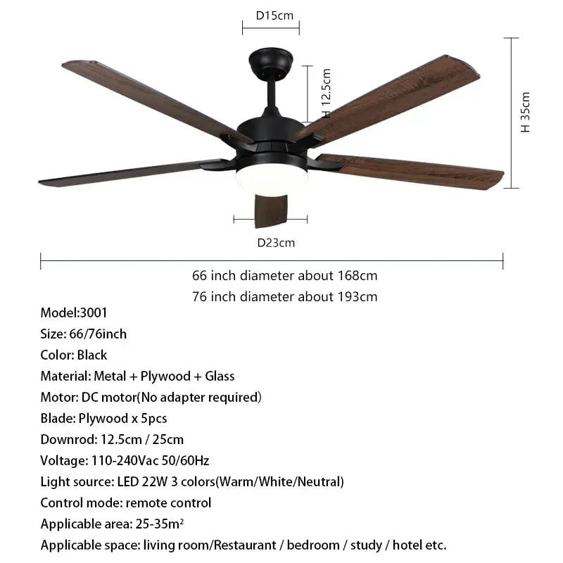 Modern black led modern indoor ceiling fan with wood blades bedroom
