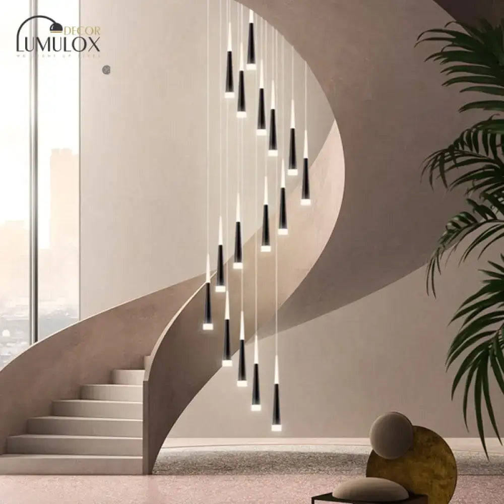 Modern black minimalist metallic multi ceiling light staircase pendant
