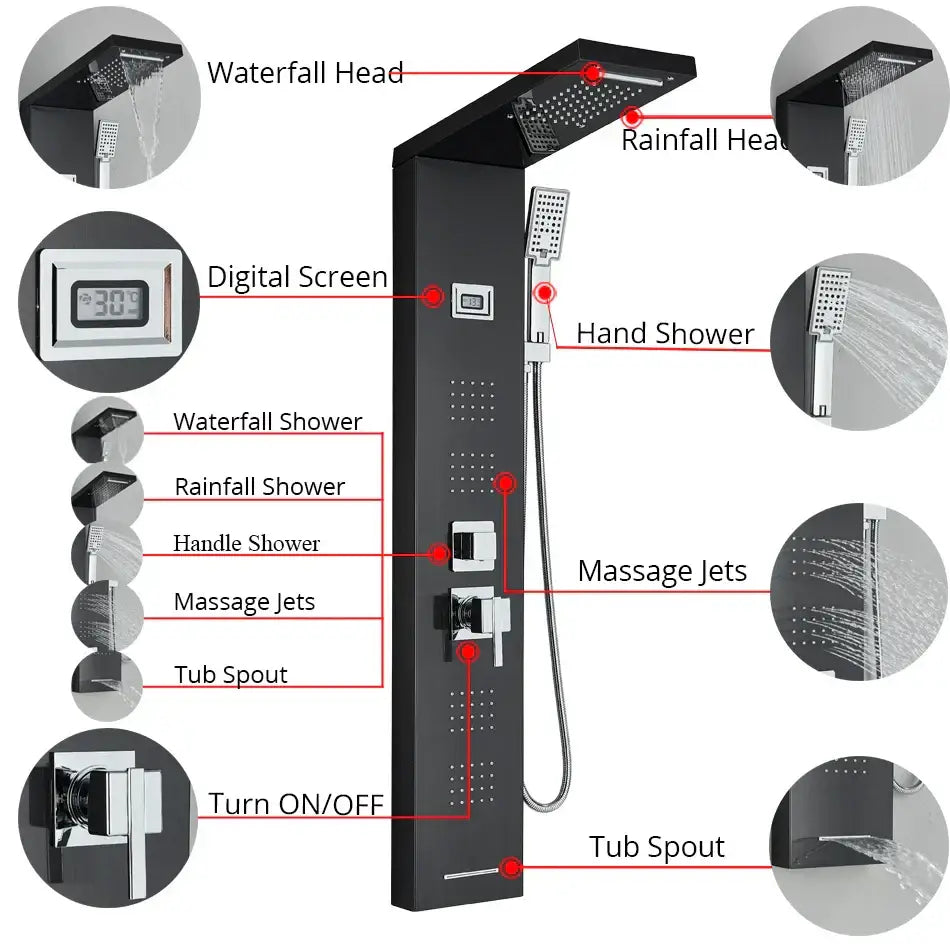 DecorBites™ Black Rainfall Shower Panel Set with Massage System and Temperature Screen