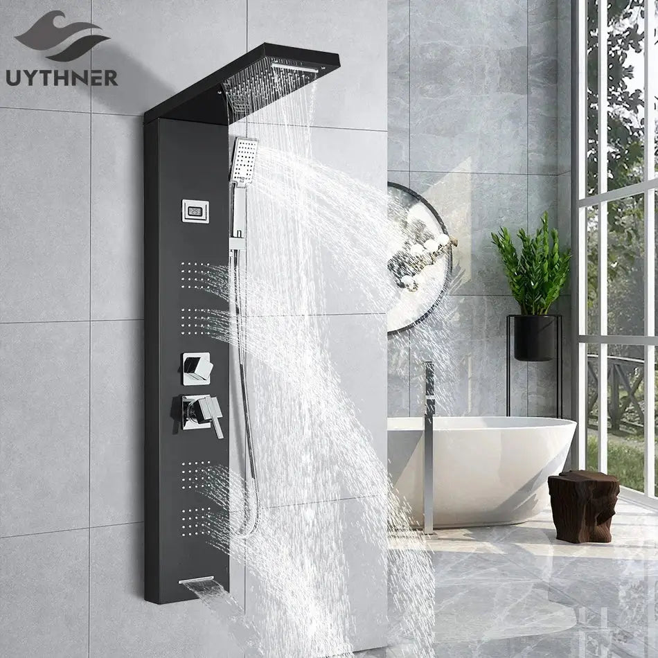 DecorBites™ Black Rainfall Shower Panel Set with Massage System and Temperature Screen