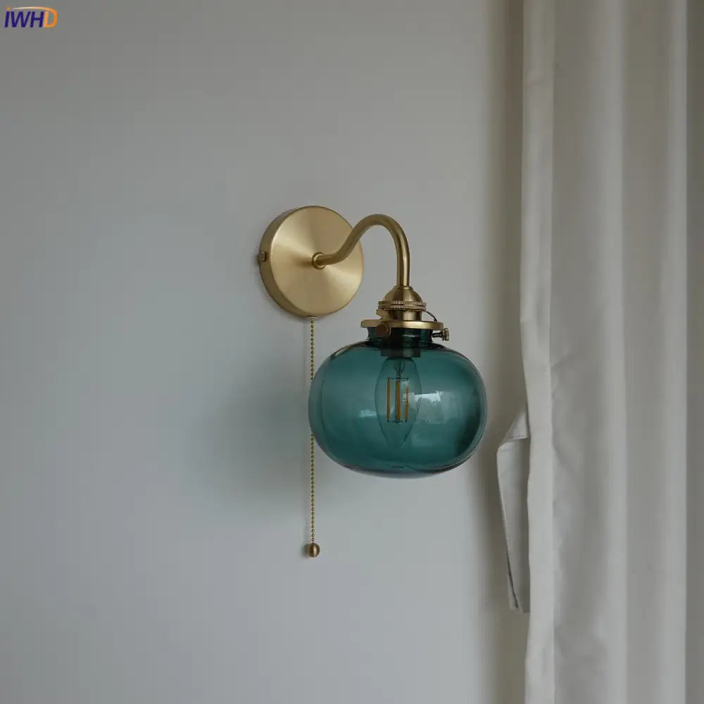 DecorBites™ Blue Glass Ball Wall Lights Pull Chain Switch LED Sconce for Home Bedroom