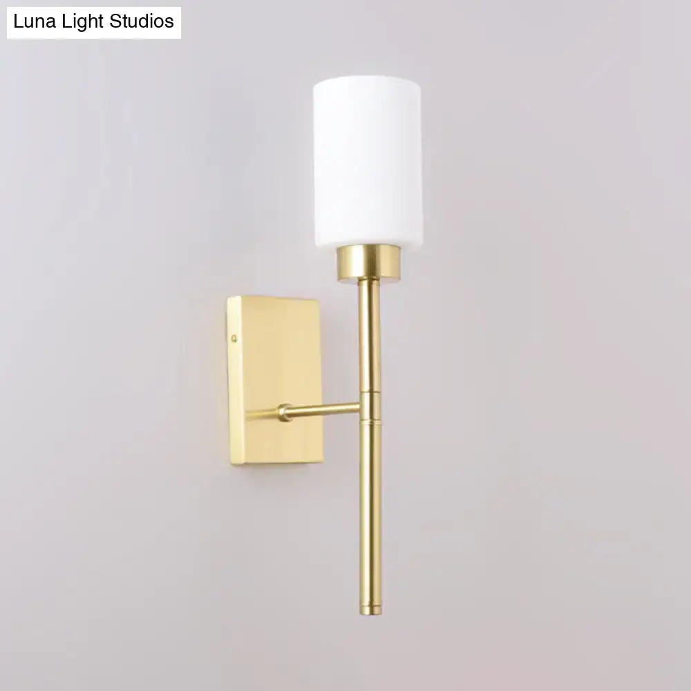DecorBites™ Modern Opal Glass Tube Sconce - 1 Bulb Wall Light in Brass with Metal Pencil Arm