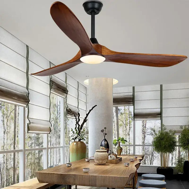 Modern dark wood large wood blade ceiling fan living room remote control