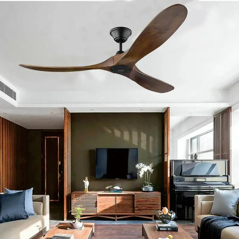 Modern dark wood large wood blade ceiling fan living room remote control