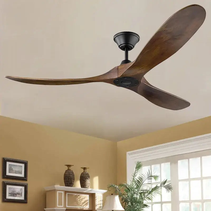 Modern dark wood large wood blade ceiling fan living room remote control
