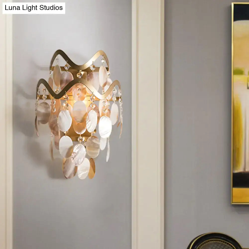 DecorBites™ Wave Sconce Light - Gold Wall Mount with Flower Crystal/Shell Accent