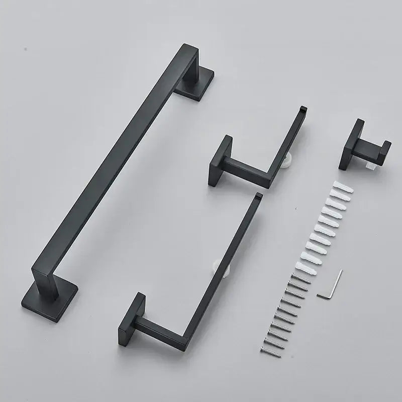 DecorBites™ Black Bathroom Hardware Set: Robe Hook, Towel Rail, Shelf, Tissue Holder
