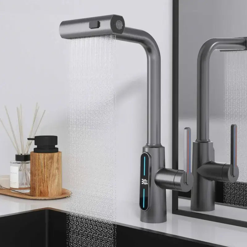 DecorBites™ Brass Kitchen Faucet Pull Out Mixer Tap in White Gray