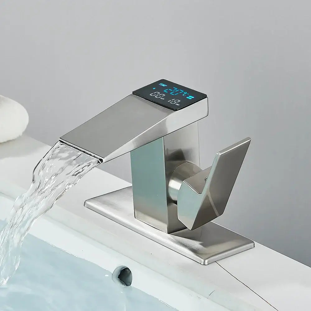 DecorBites™ Brass Waterfall Bathroom Faucet Basin Taps with Temperature Display