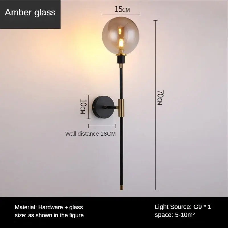 Modern smoked glass ball led wall light bedroom sconce