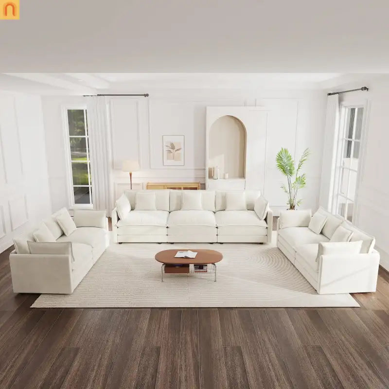 Sofa Set Modular Chenille White Deep Seat 7-Seat 3-Piece