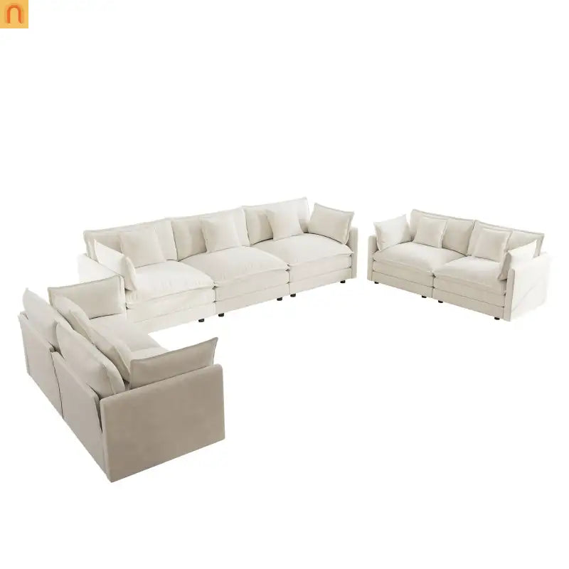 Sofa Set Modular Chenille White Deep Seat 7-Seat 3-Piece