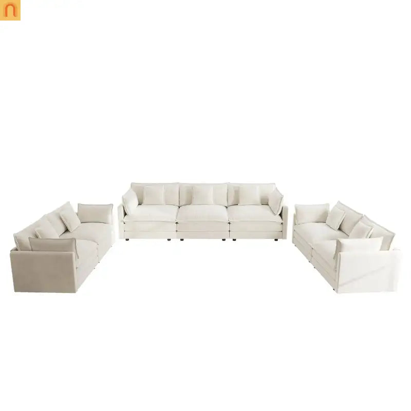 Sofa Set Modular Chenille White Deep Seat 7-Seat 3-Piece