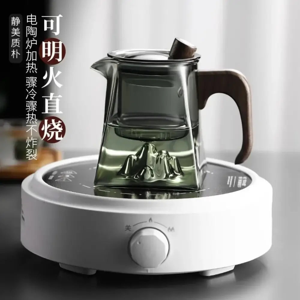 Modern square glass tea pot with wooden handle and mountain infuser kitchen