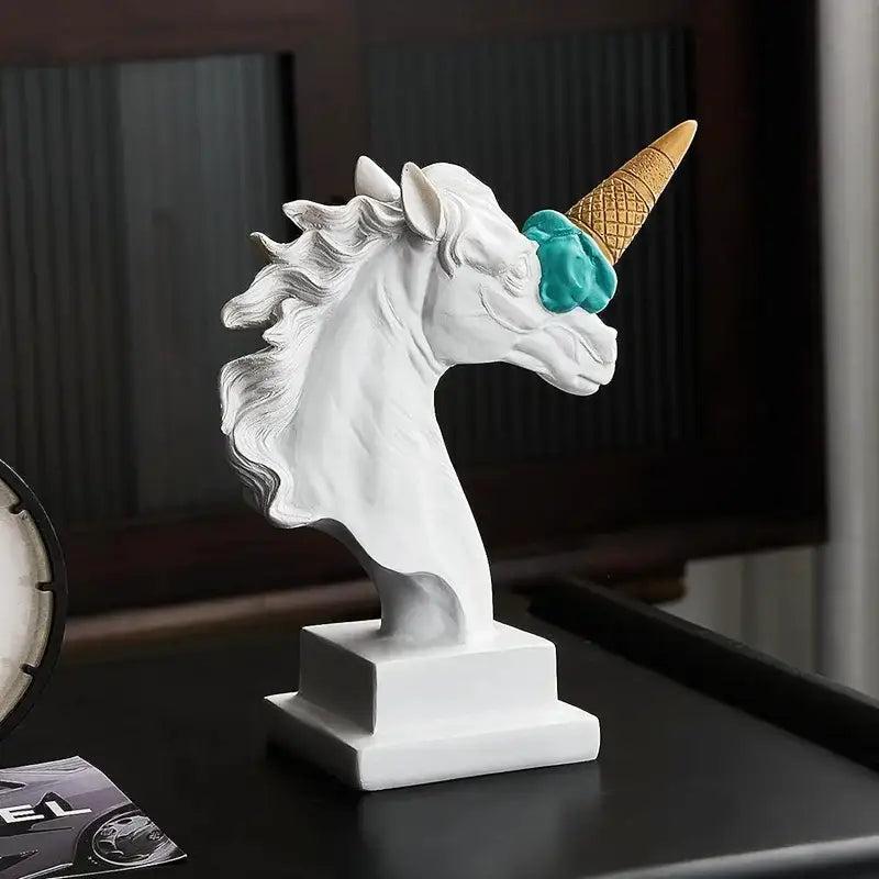 Modern white horse head sculpture with ice cream horn living room decor