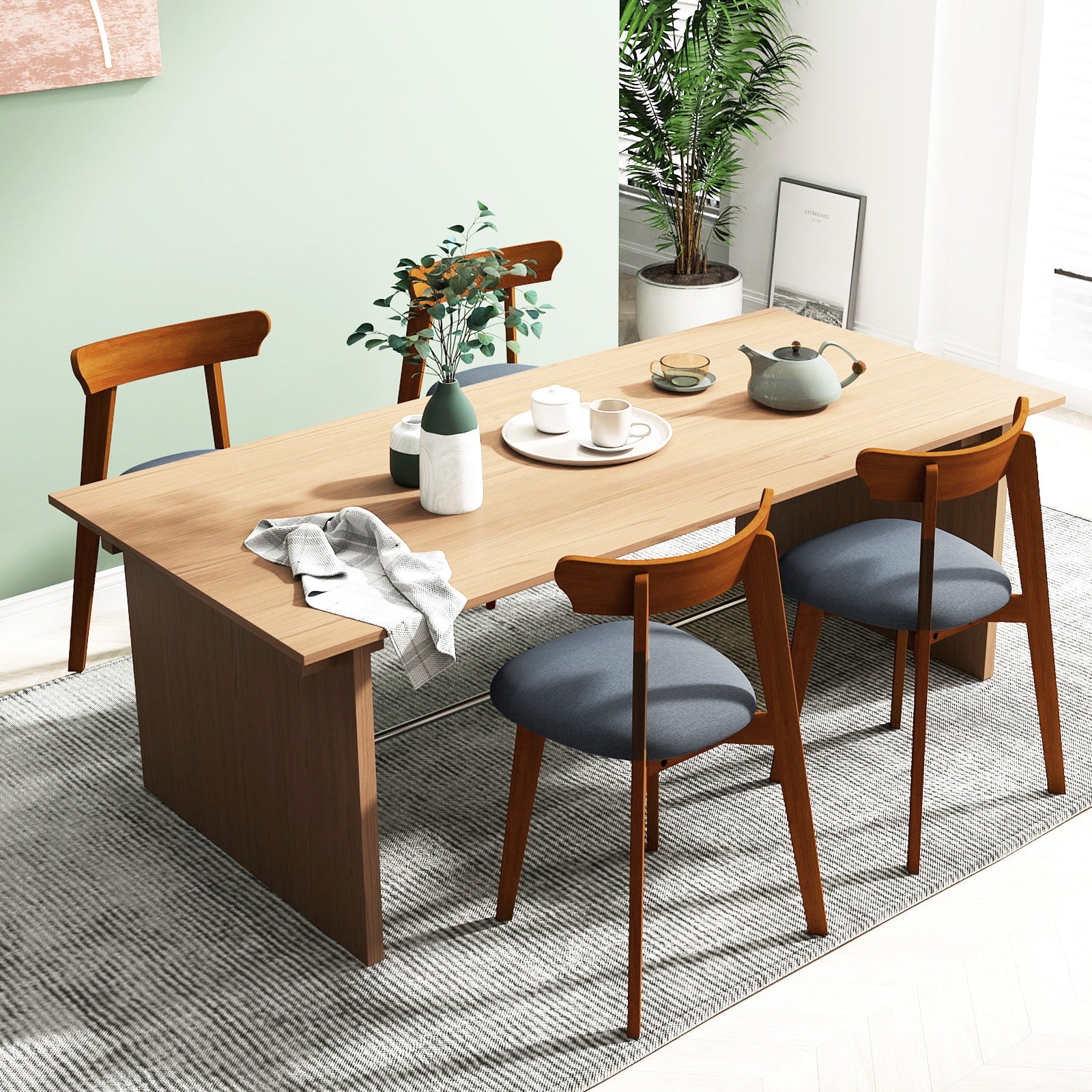 Mid-Century Modern Kitchen Chairs with Rubber Wood Frame and Padded Seat-Walunt