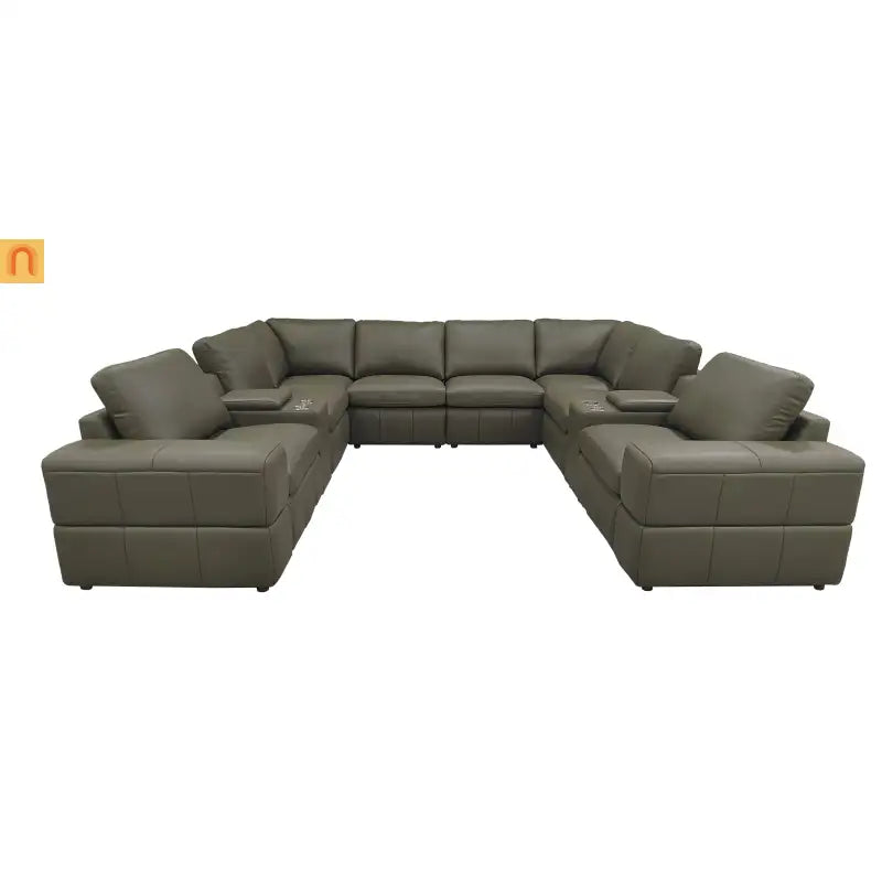 Sectional Modular Leather Match Olive Green Square Arm 8-Seat 131in