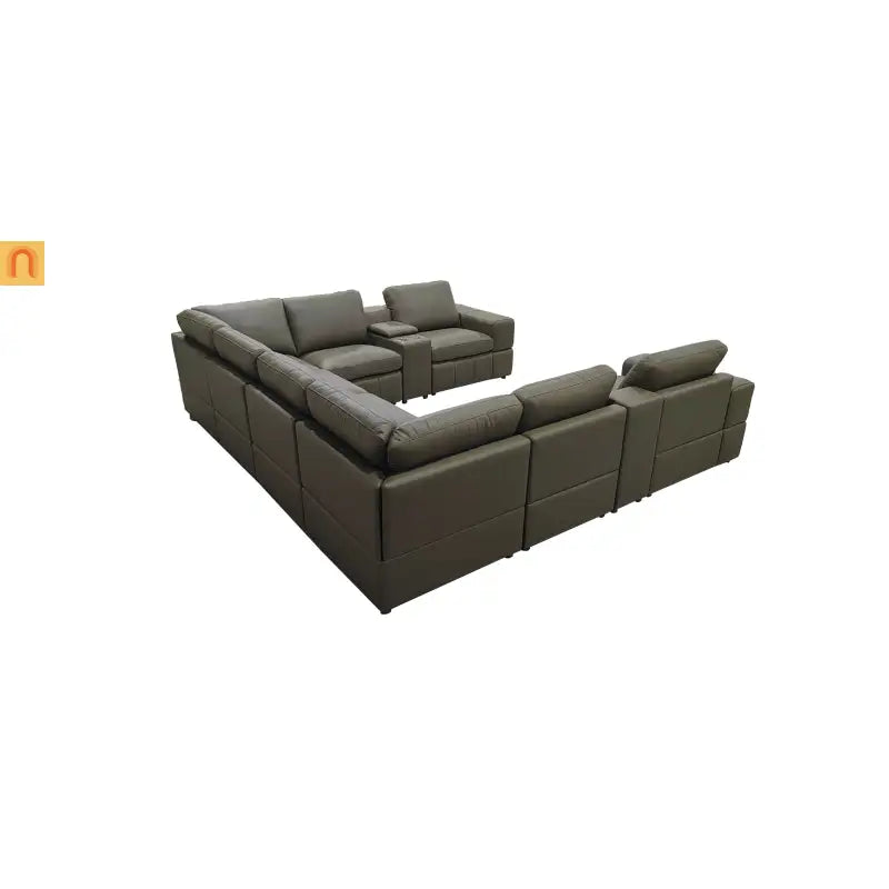 Sectional Modular Leather Match Olive Green Square Arm 8-Seat 131in