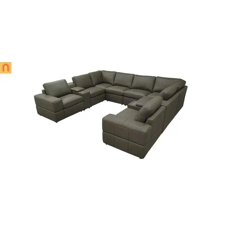Sectional Modular Leather Match Olive Green Square Arm 8-Seat 131in