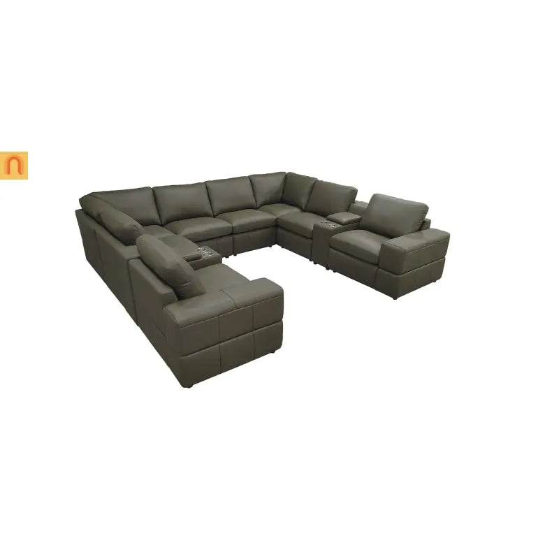 Sectional Modular Leather Match Olive Green Square Arm 8-Seat 131in