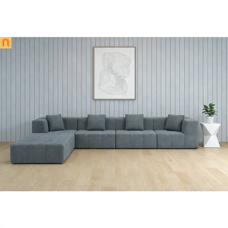 Sectional Sofa Modular Flannelette Gray 6 Seat Convertible 145 In