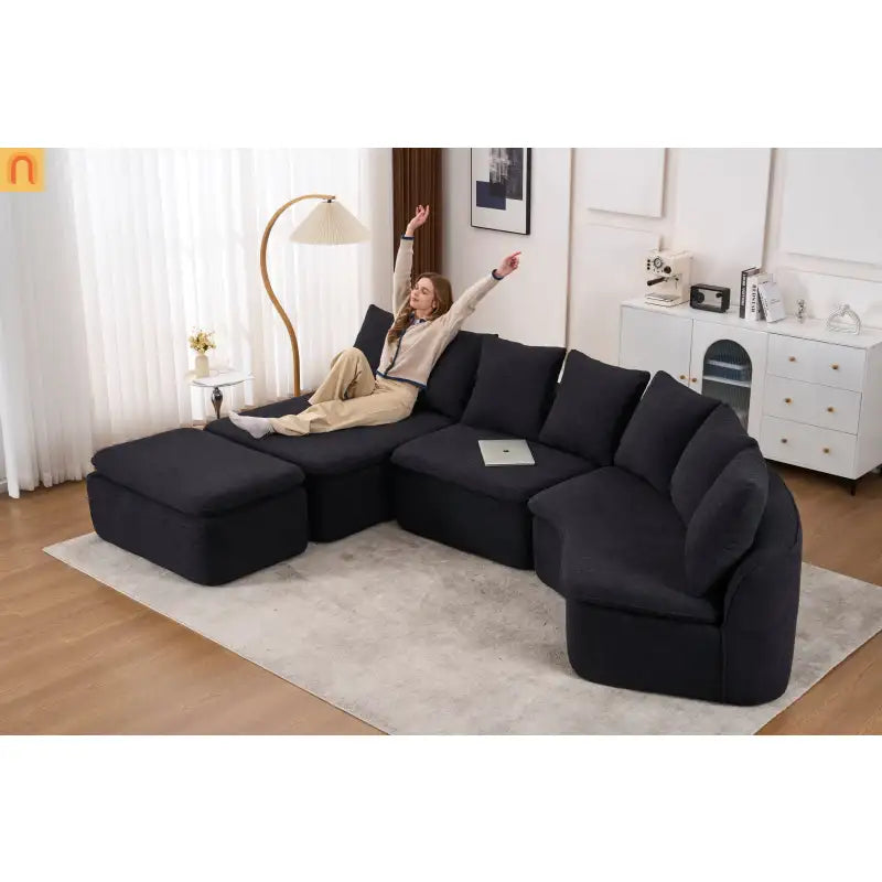Sectional Sofa U-Shape Chenille Black 10 Seat Modular 128 In No Assembly