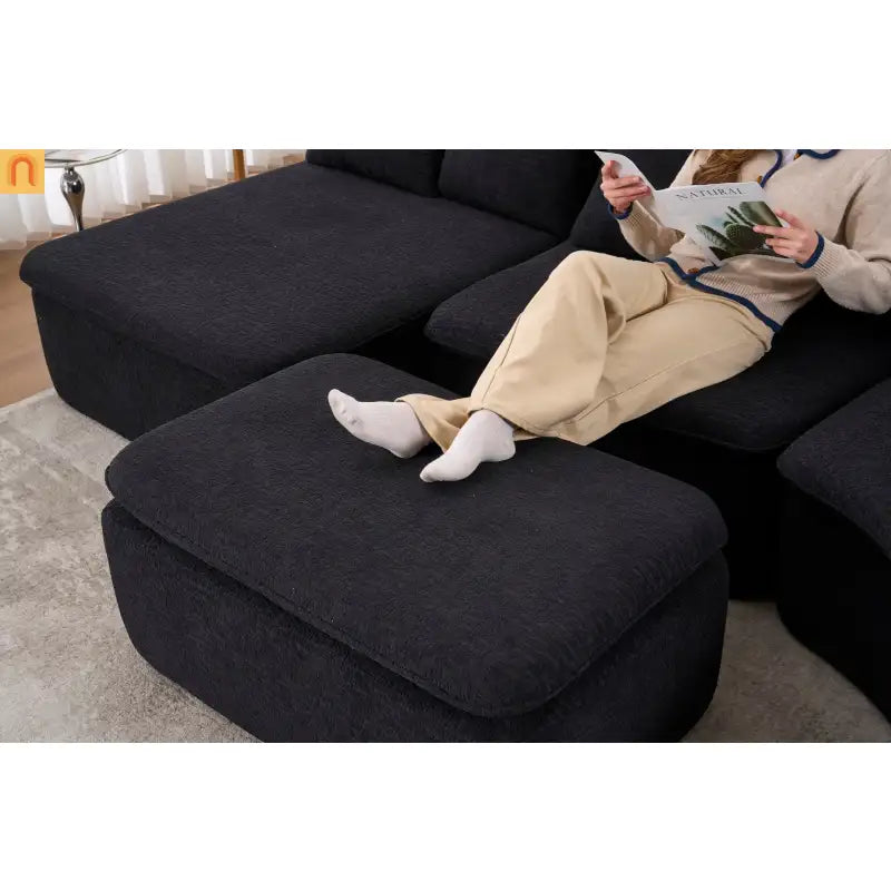 Sectional Sofa U-Shape Chenille Black 10 Seat Modular 128 In No Assembly