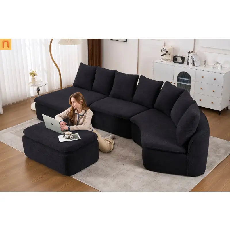 Sectional Sofa U-Shape Chenille Black 10 Seat Modular 128 In No Assembly