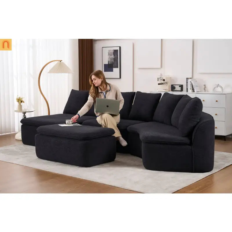 Sectional Sofa U-Shape Chenille Black 10 Seat Modular 128 In No Assembly