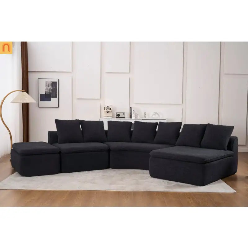 Sectional Sofa U-Shape Chenille Black 10 Seat Modular 128 In No Assembly