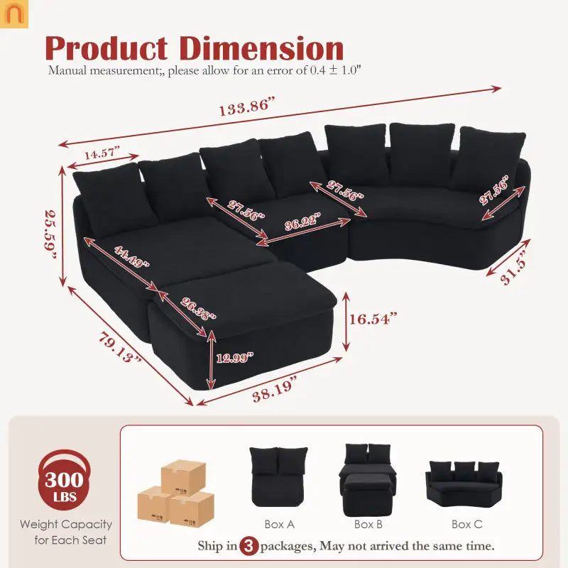 Sectional Sofa U-Shape Chenille Black 10 Seat Modular 128 In No Assembly