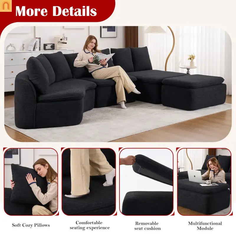 Sectional Sofa U-Shape Chenille Black 10 Seat Modular 128 In No Assembly