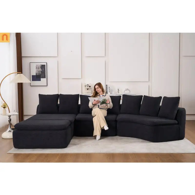 Sectional Sofa U-Shape Chenille Black 10 Seat Modular 128 In No Assembly