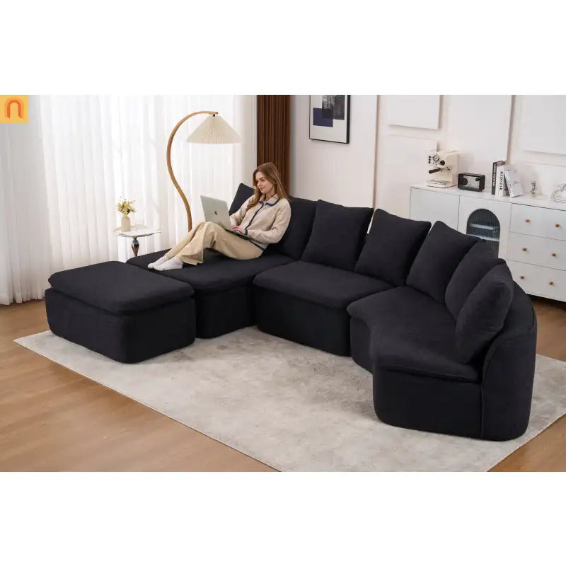 Sectional Sofa U-Shape Chenille Black 10 Seat Modular 128 In No Assembly