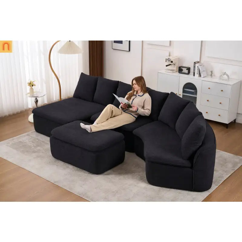 Sectional Sofa U-Shape Chenille Black 10 Seat Modular 128 In No Assembly