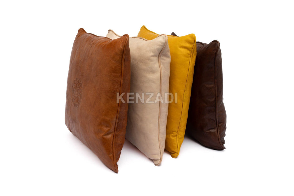 Moroccan Stuffed Leather Pillow, Light Brown traditional Throw Pillow Case by Kenzadi