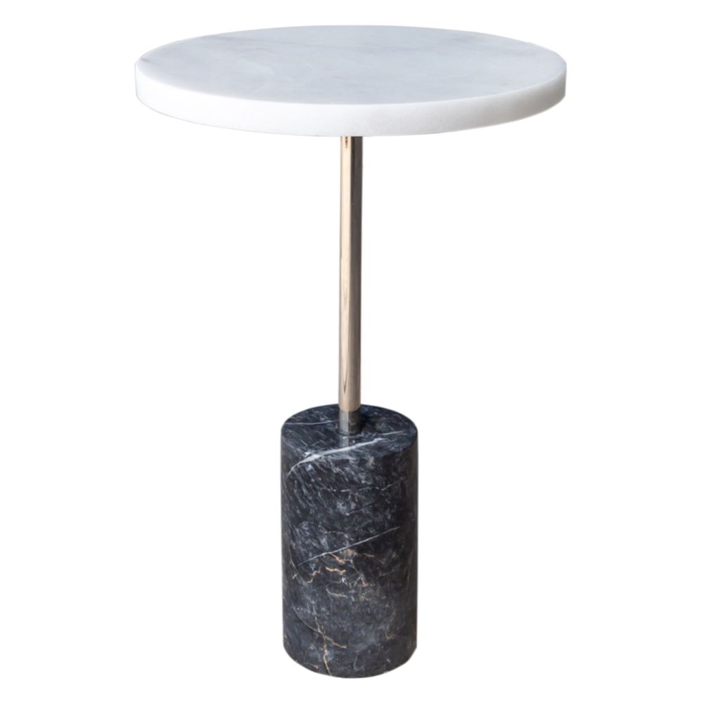 Mugla White Marble Round Side Table - Polished Black Marble Base