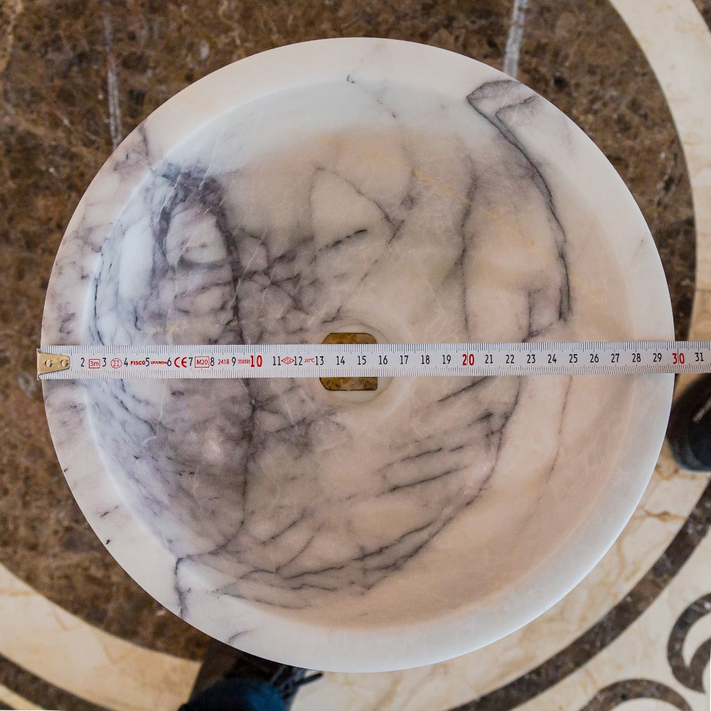 New York White Marble Polished Round Vessel Sink Bathroom 12x5